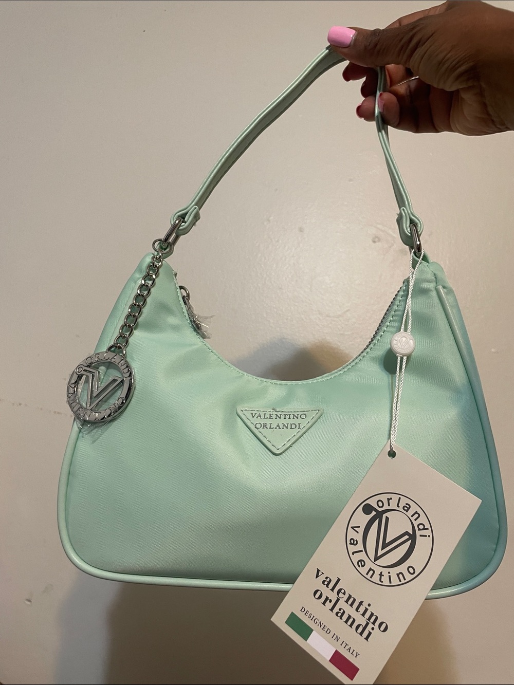 New WithTags Valentino Orlandi Mint Green Crescent Nylon Shoulder Bag Logo Charm